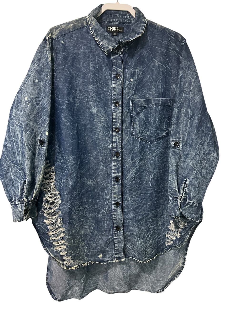 Thrill Jeans 3X Acid Wash Distressed Denim Tunic Shirt High Low Grunge Plus Y2K